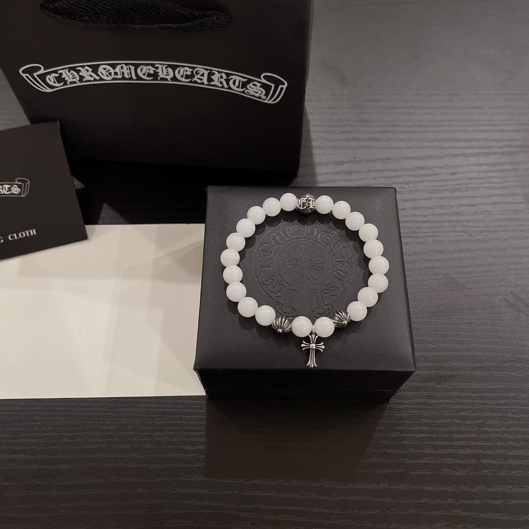Chrome Hearts White Bead Bracelet with Cross Charm